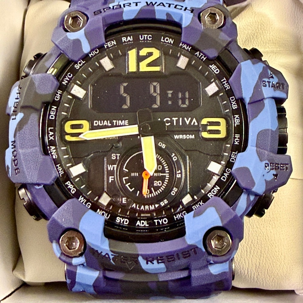 Activa Mens Sport Watch Blue Camo Dual Time Analog Digital 50M Water Resist New - Picture 5 of 8